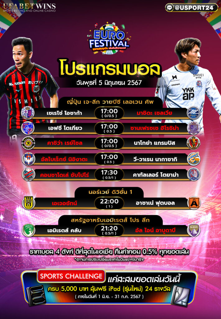 โปรแกรมบอล เเละ ทีเด็ดฟุตบอล ประจำวันที่ 5 มิถุนายน 2567