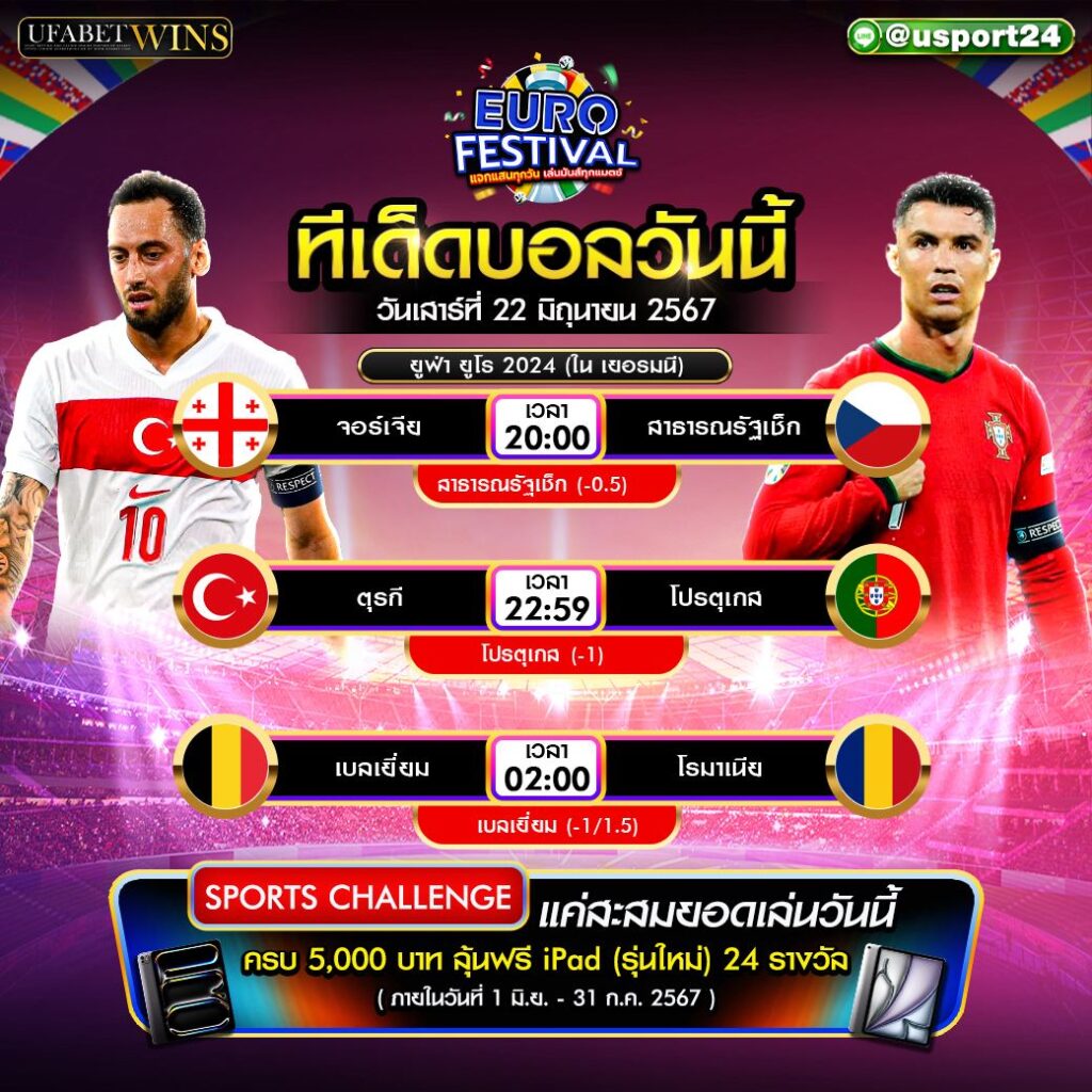 โปรแกรมบอล เเละ ทีเด็ดฟุตบอล ประจำวันที่ 22 มิถุนายน 2567