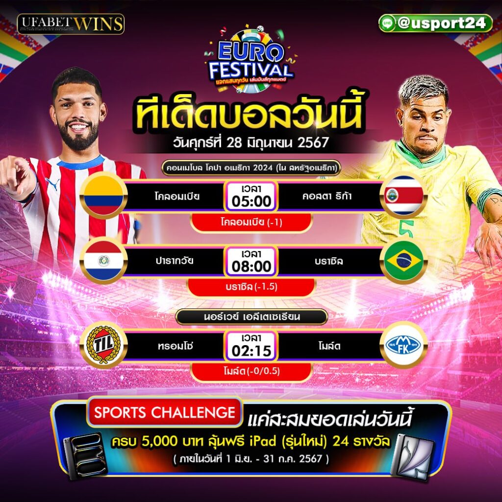 โปรแกรมบอล เเละ ทีเด็ดฟุตบอล ประจำวันที่ 28 มิถุนายน 2567