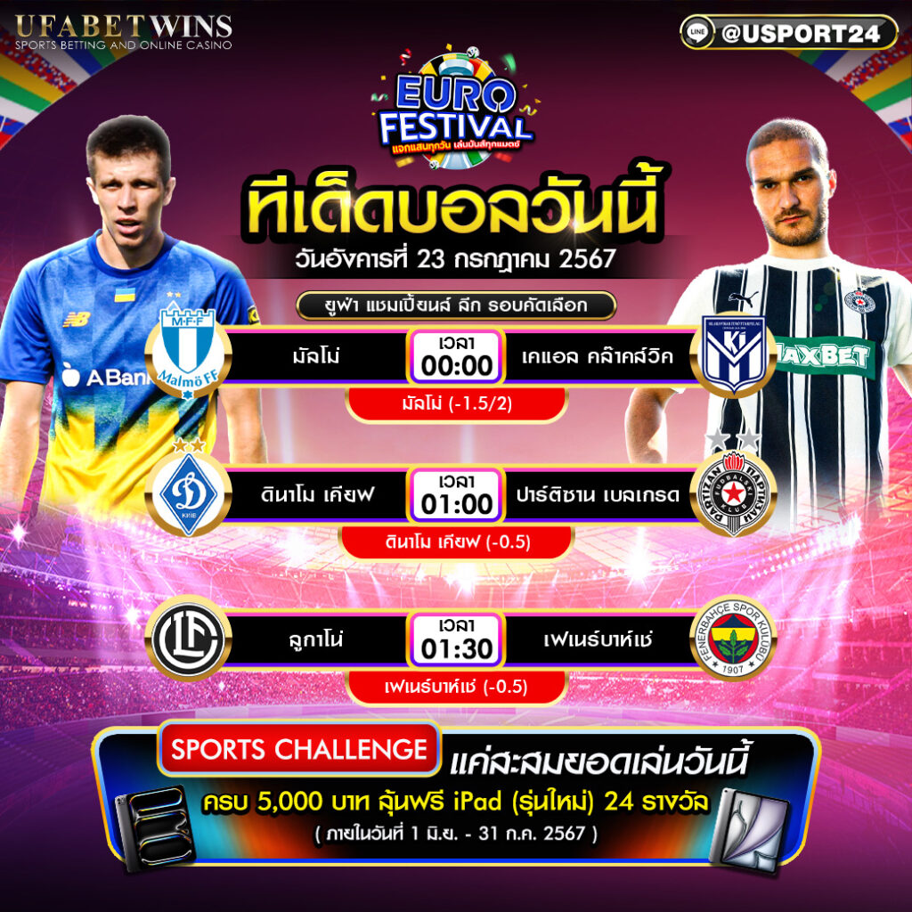โปรแกรมบอล เเละ ทีเด็ดฟุตบอล ประจำวันที่ 23 กรกฎาคม 2567