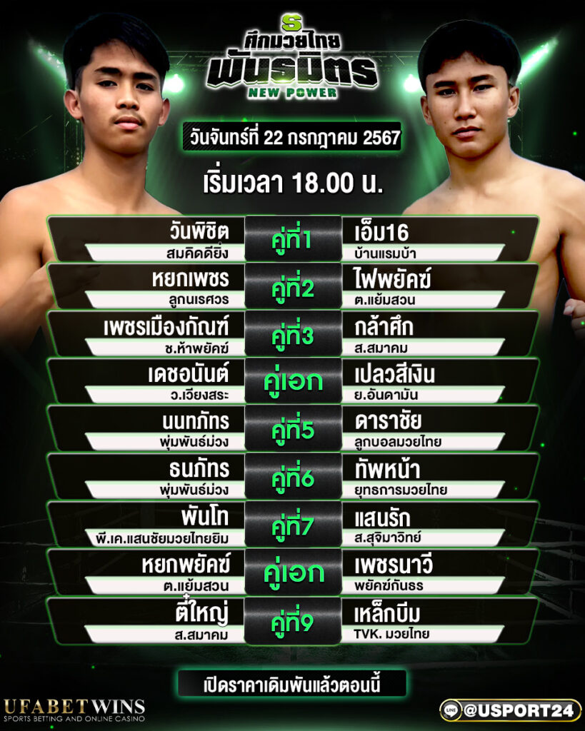 โปรแกรมมวย ศึกมวยไทยพันธมิตร ประจำวันที่ 22 กรกฎาคม 2567
