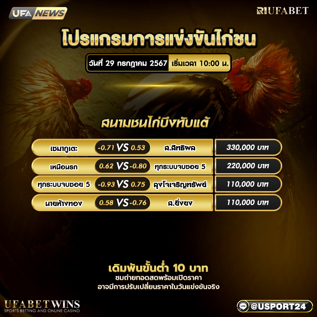 โปรแกรมไก่ชนสนามชนไก่บึงทับแต้ วันจันทร์ที่ 29 กรกฏาคม2567