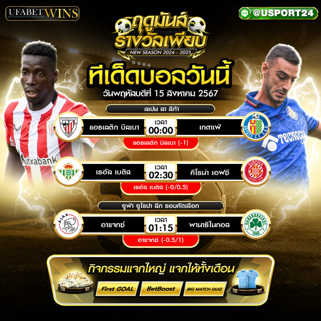 โปรแกรมบอล เเละ ทีเด็ดฟุตบอล ประจำวันที่ 15 สิงหาคม 2567