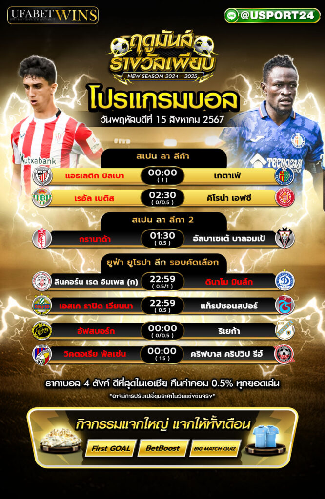 โปรแกรมบอล เเละ ทีเด็ดฟุตบอล ประจำวันที่ 15 สิงหาคม 2567