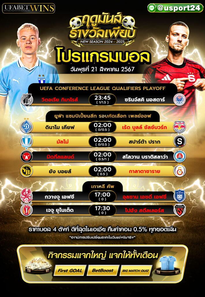 โปรแกรมบอล เเละ ทีเด็ดฟุตบอล ประจำวันที่ 21 สิงหาคม 2567
