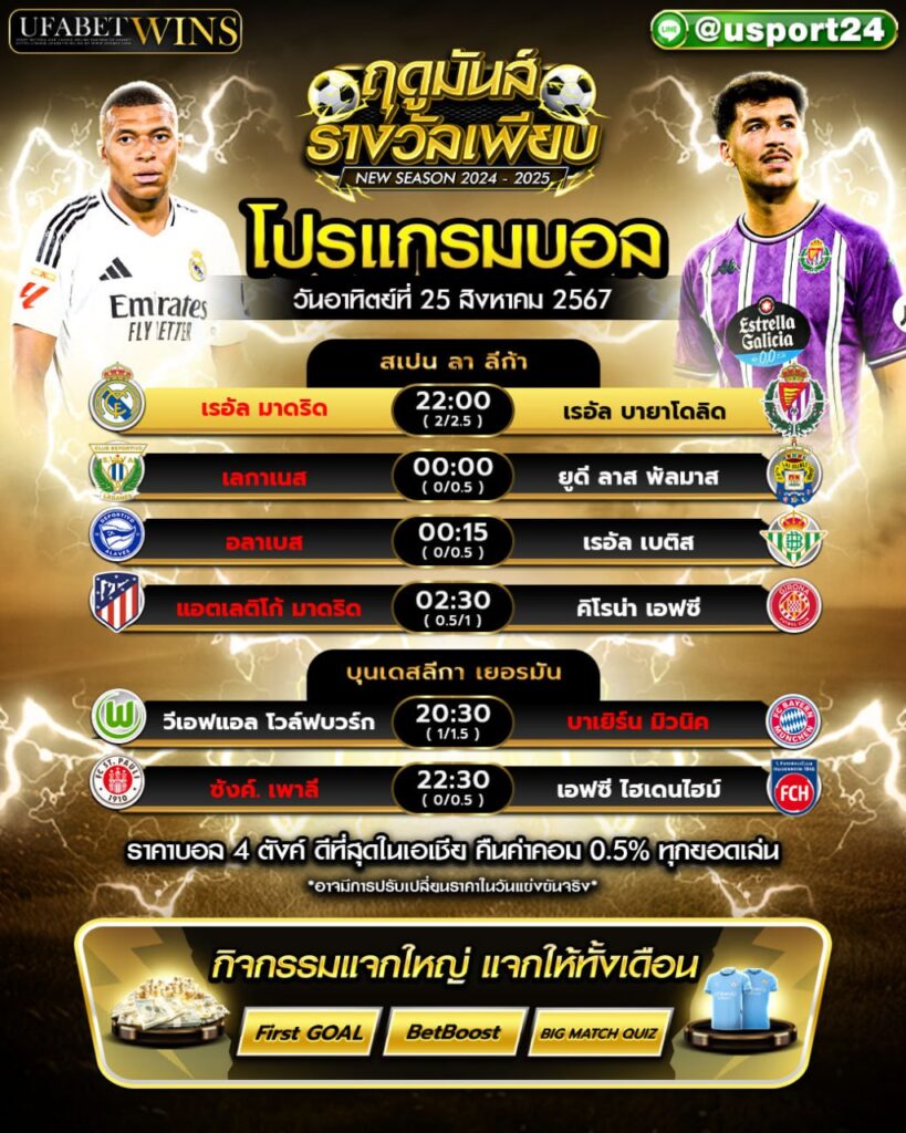 โปรแกรมบอล เเละ ทีเด็ดฟุตบอล ประจำวันที่ 25 สิงหาคม 2567