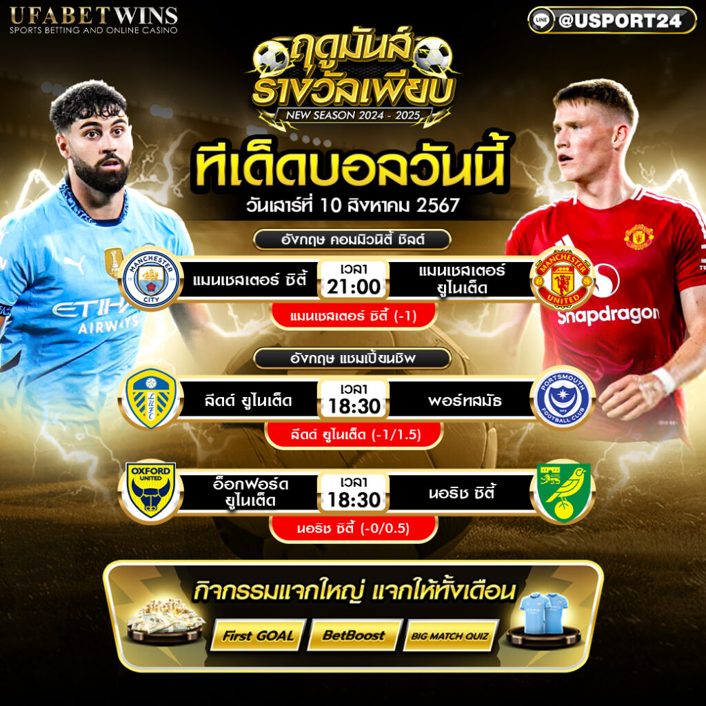 โปรแกรมบอล เเละ ทีเด็ดฟุตบอล ประจำวันที่ 10 สิงหาคม 2567