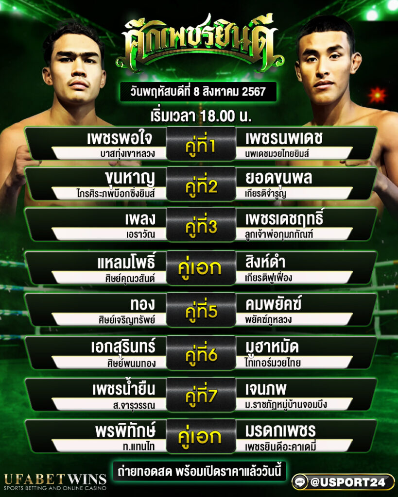 โปรแกรมมวย ศึกเพชรยินดี ประจำวันที่ 08 สิงหาคม 2567
