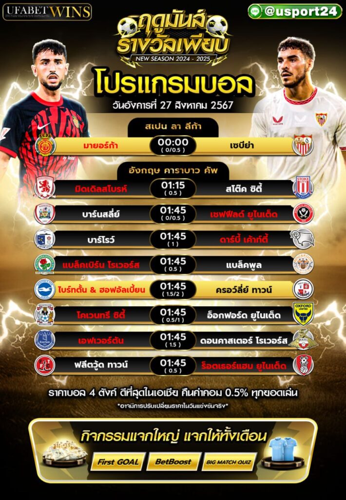 โปรแกรมบอล เเละ ทีเด็ดฟุตบอล ประจำวันที่ 27 สิงหาคม 2567