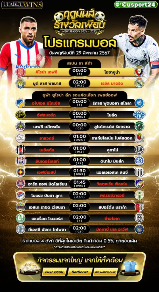 โปรแกรมบอล เเละทีเด็ดฟุตบอล ประจำวันที่ 29 สิงหาคม 2567