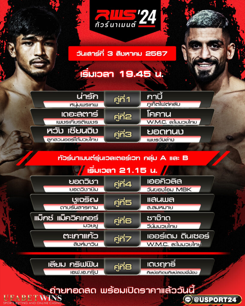 โปรแกรมมวย ศึกRWS ราชดำเนิน เวิลด์ ซีรีส์ ประจำวันที่ 03 สิงหาคม 2567