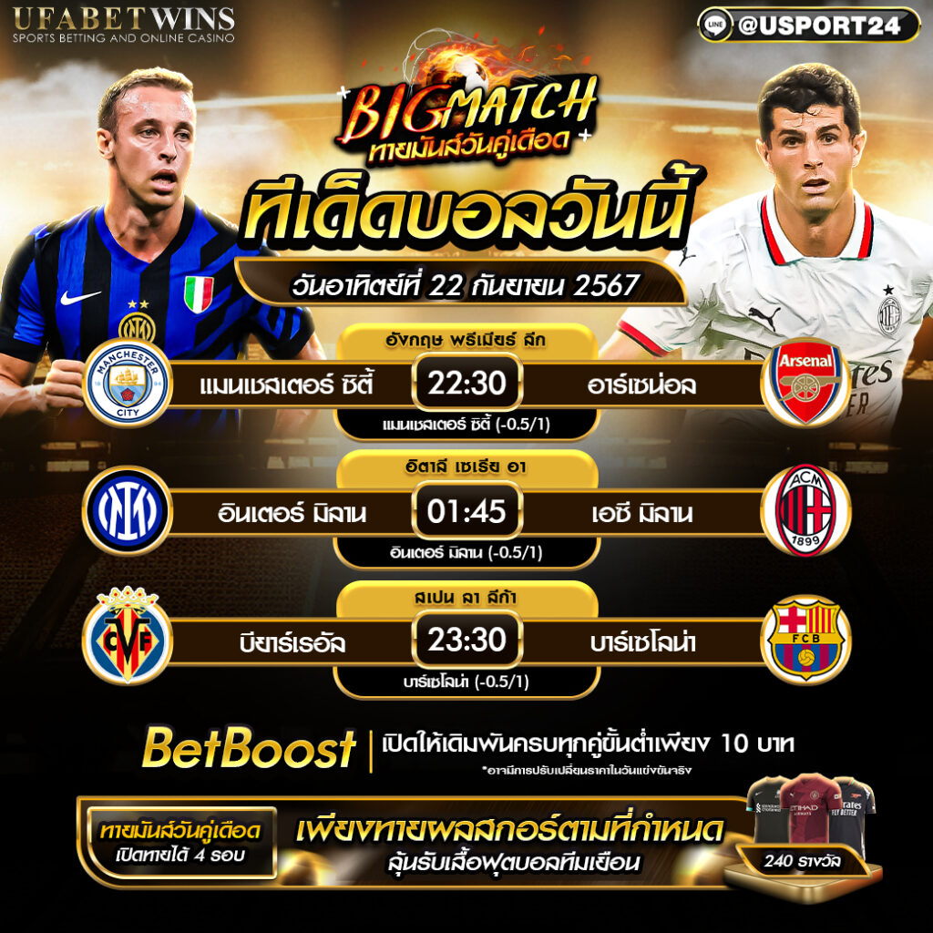 โปรแกรมบอล เเละทีเด็ดฟุตบอล ประจำวันที่ 22 กันยายน 2567