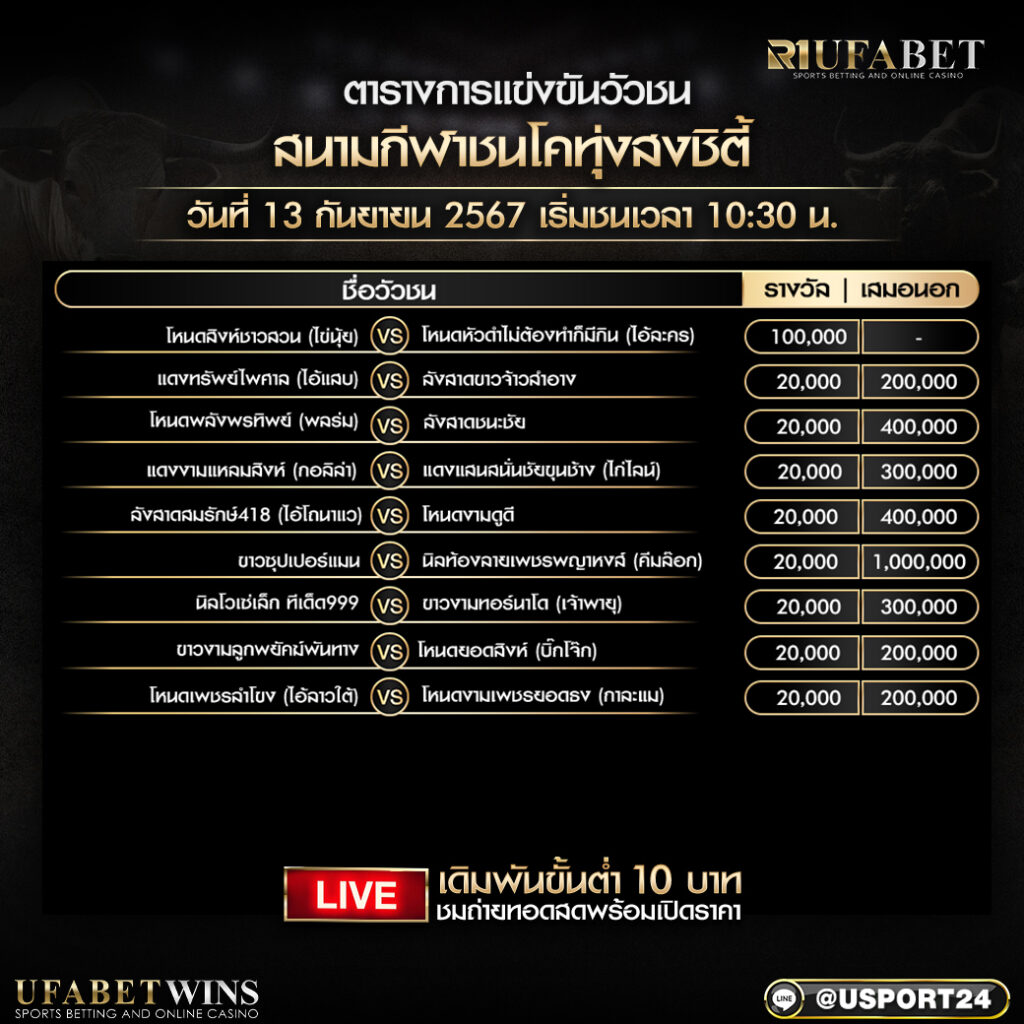 โปรแกรมวัวชน ประจำวันที่ 13 กันยายน 2567 สนามกีฬาชนโคทุ่งสงชิตี้