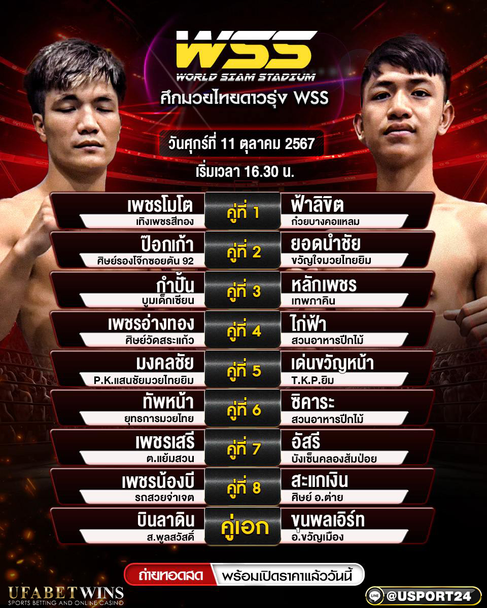 โปรแกรมมวย ประจำวันที่ 11 ตุลาคม 2567 ศึกมวยไทยดาวรุ่ง WSS