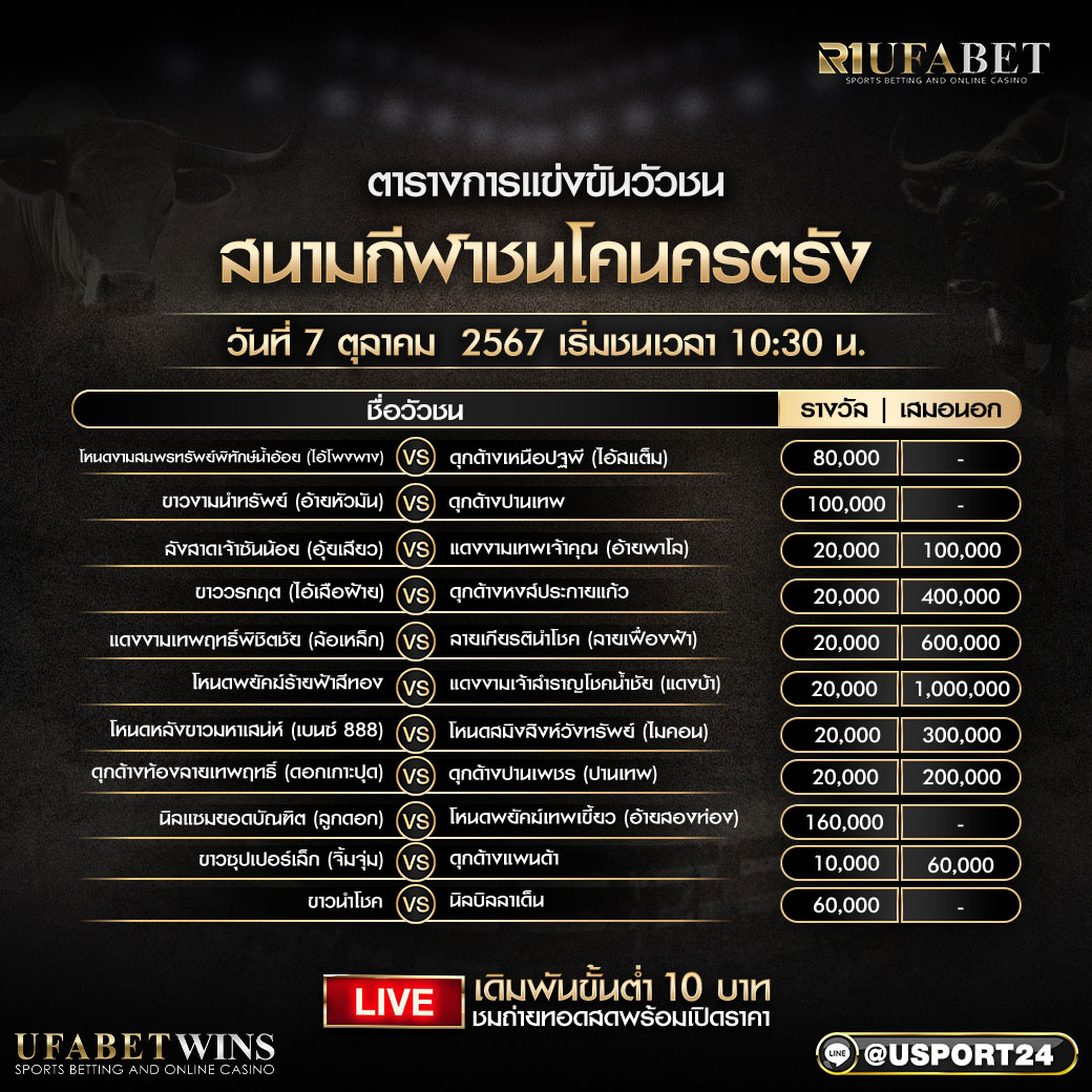 โปรแกรมวัวชน ประจำวันที่ 7 ตุลาคม 2567 สนามกีฬาชนโคนครตรัง
