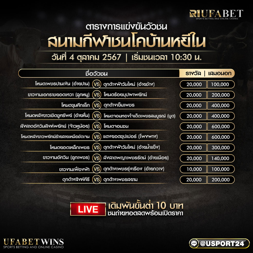 โปรแกรมวัวชน ประจำวันที่ 4 ตุลาคม 2567 สนามกีฬาชนโคบ้านหยีใน