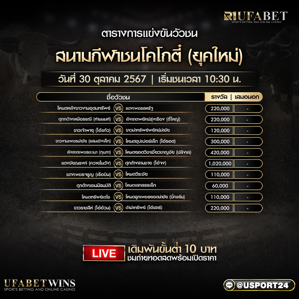 โปรแกรมวัวชน วันที่ 30 ตุลาคม 2567 สนามกีฬาชนโคโกตี๋ (ยุคใหม่)