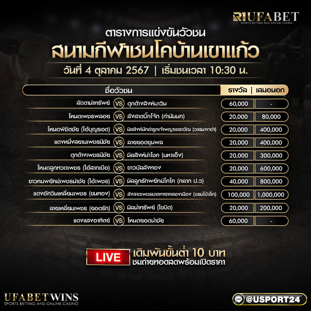 โปรแกรมวัวชน ประจำวันที่ 4 ตุลาคม 2567 สนามกีฬาชนโคบ้านเขาแก้ว