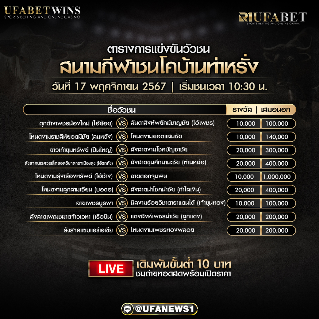 โปรแกรมวัวชนวันที่ 17 พฤศจิกายน 2567 สนามกีฬาชนโคบ้านท่าหรั่ง