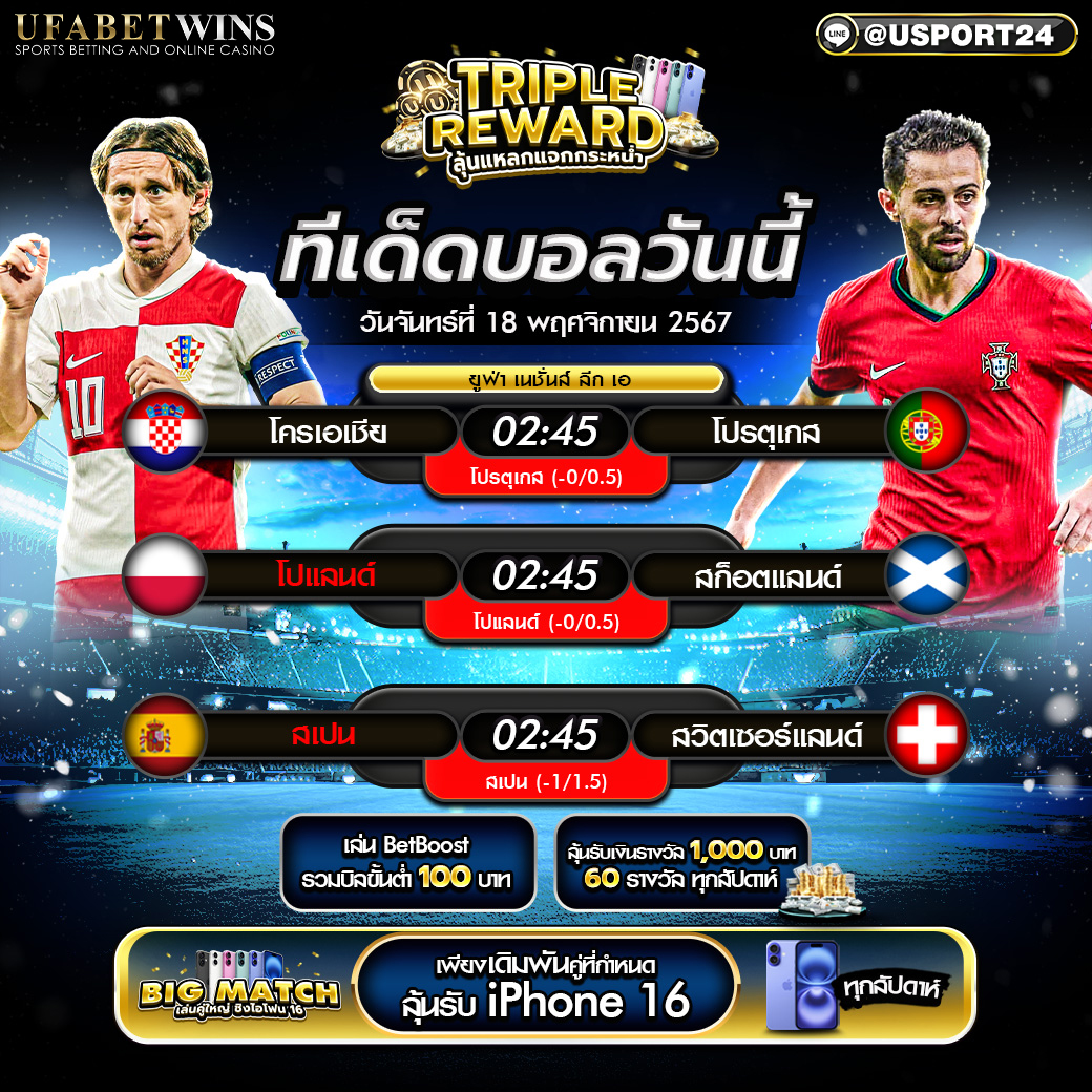 โปรแกรมฟุตบอล เเละ ทีเด็ดฟุตบอล ประจำวันที่ 18 พฤศจิกายน 2567
