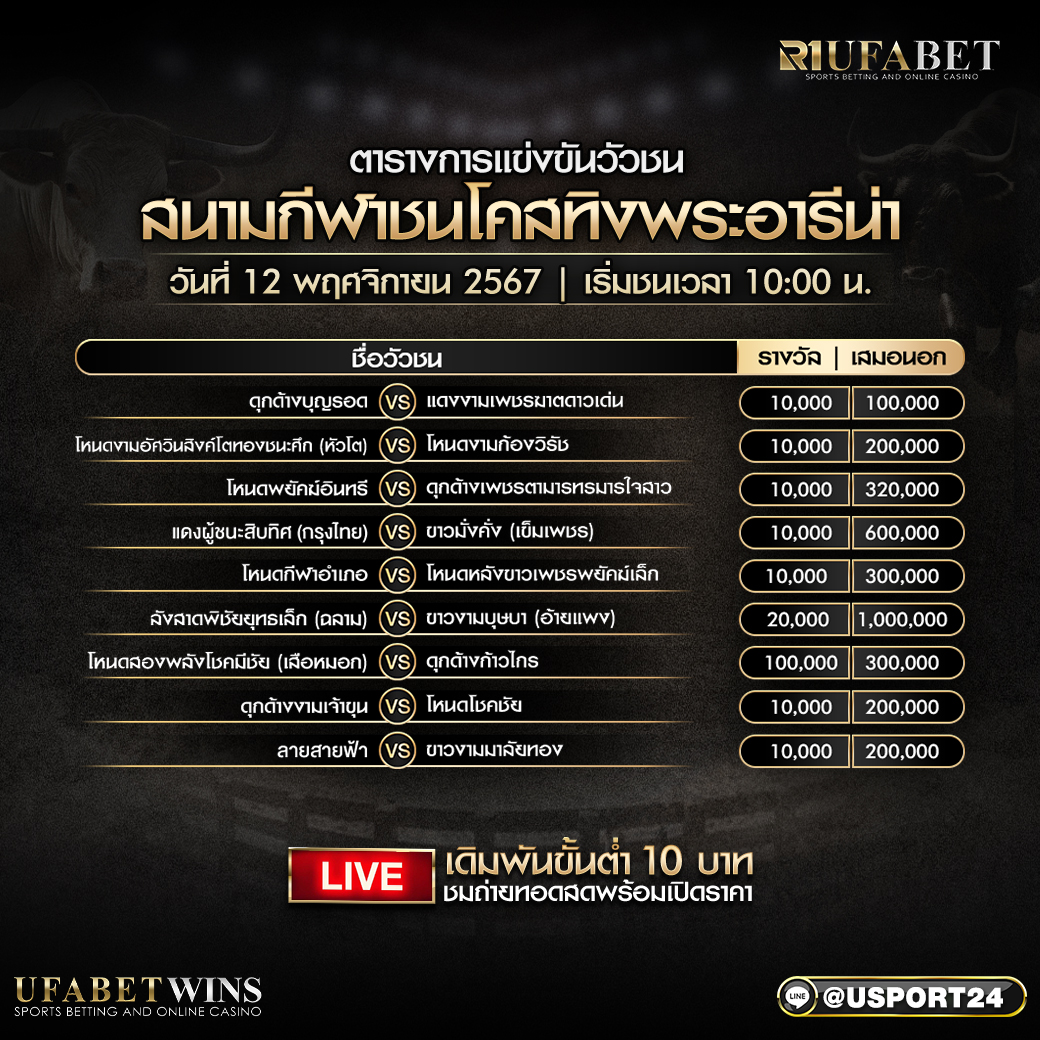 โปรแกรมวัวชน วันที่ 12 พฤศจิกายน 2567 สนามกีฬาชนโคสทิงพระอารีน่า