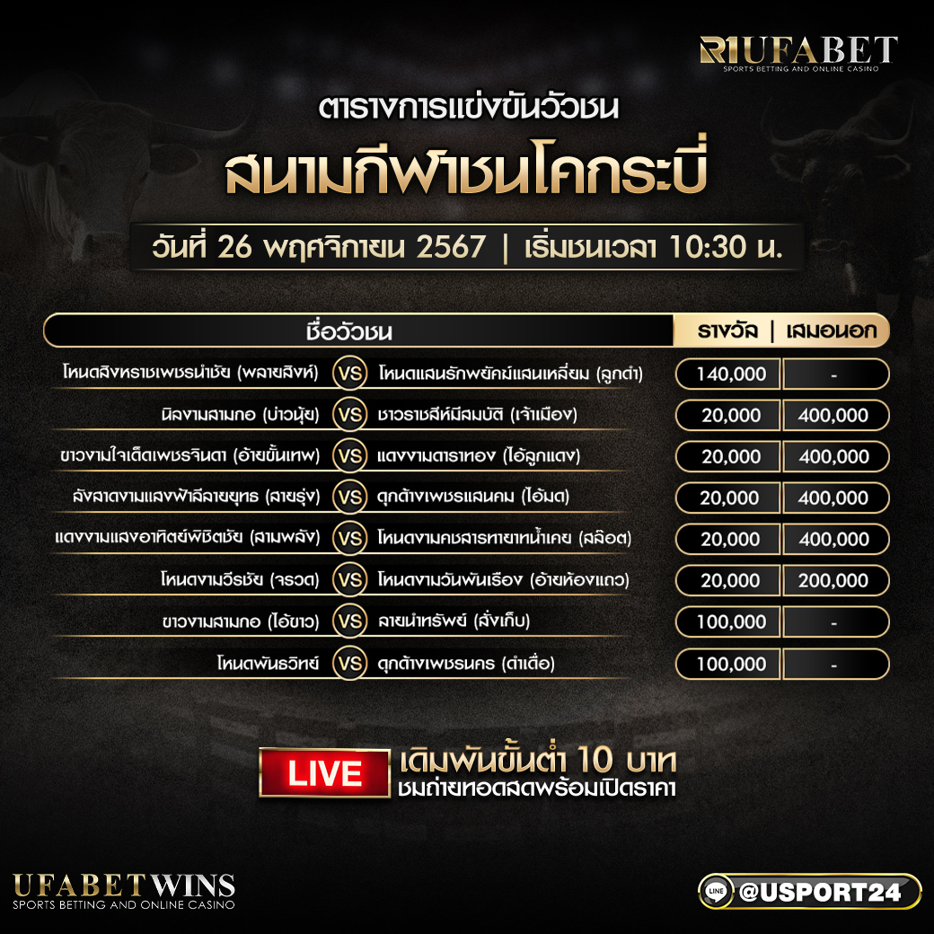 โปรแกรมวัวชนวันที่ 26 พฤศจิกายน 2567 สนามกีฬาชนโคกระบี่