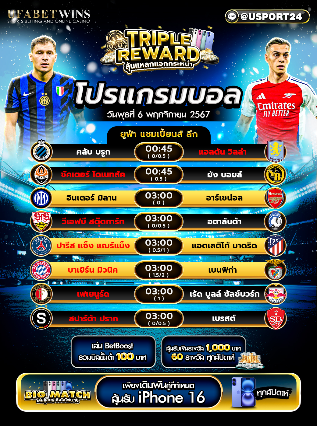 โปรแกรมฟุตบอล เเละ ทีเด็ดฟุตบอล ประจำวันที่ 6 พฤศจิกายน 2567