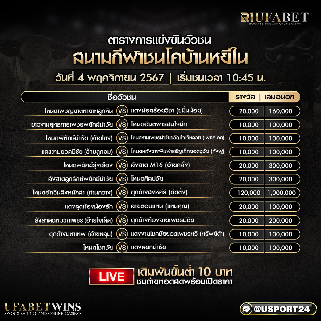 โปรแกรมวัวชน วันที่ 4 พฤศจิกายน 2567 สนามกีฬาชนโคบ้านหยีใน