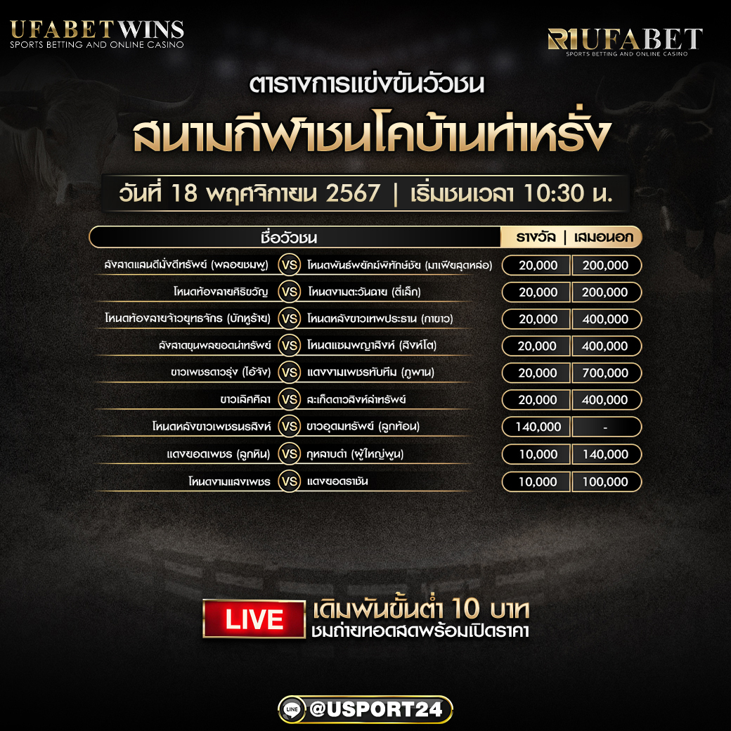 โปรแกรมวัวชนวันที่ 18 พฤศจิกายน 2567 สนามกีฬาชนโคบ้านท่าหรั่ง