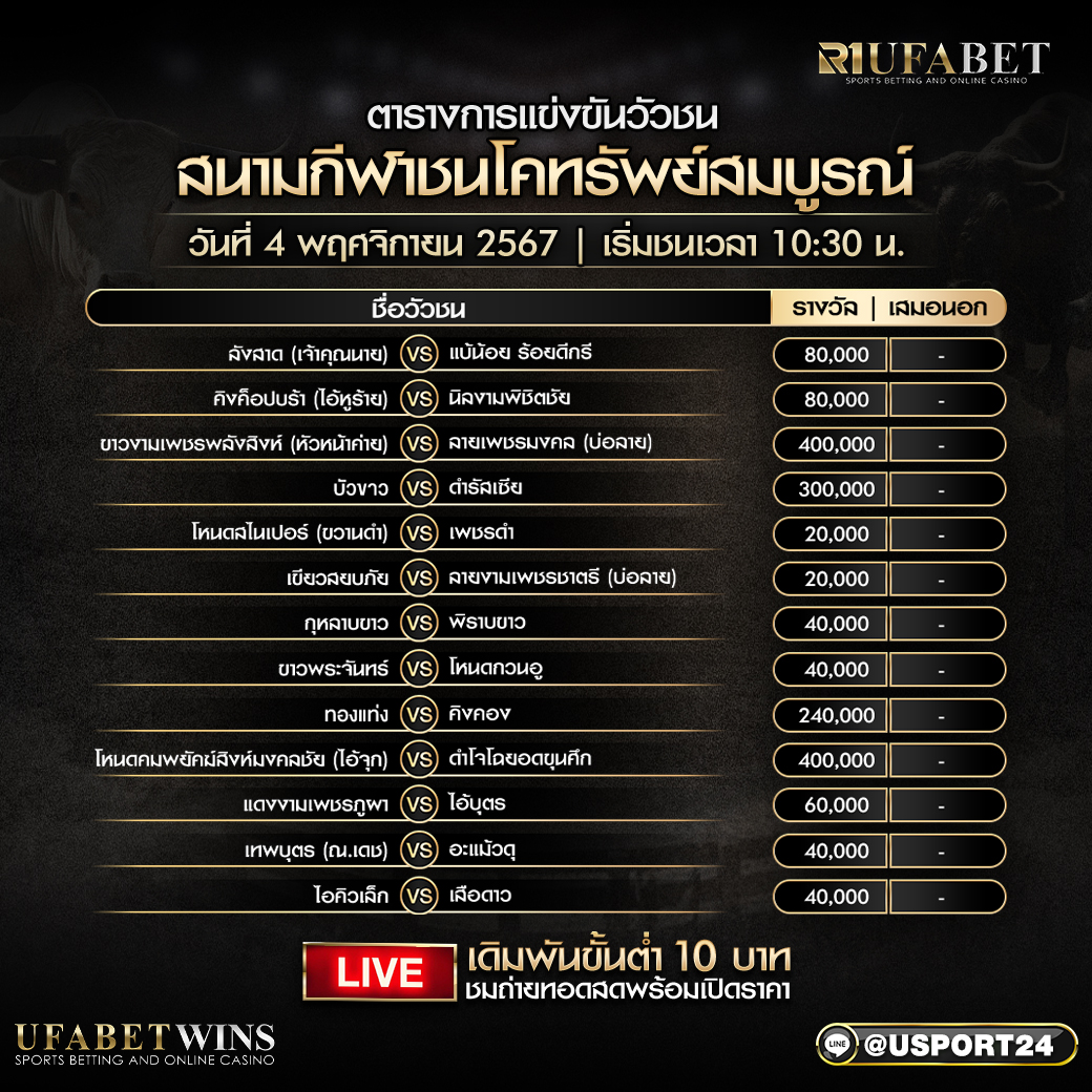 โปรแกรมวัวชน วันที่ 4 พฤศจิกายน 2567 สนามกีฬาชนโคทรัพย์สมบูรณ์