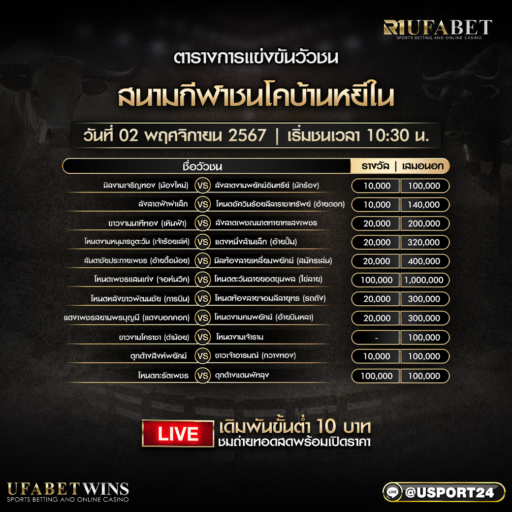 โปรแกรมวัวชน วันที่ 2 พฤศจิกายน 2567 สนามกีฬาชนโคบ้านหยีใน