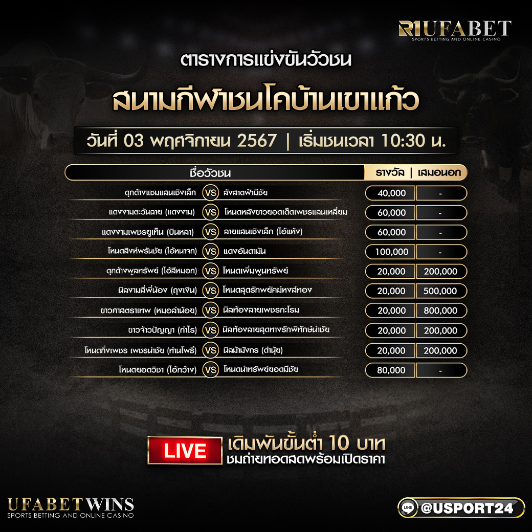 โปรแกรมวัวชน วันที่ 3 พฤศจิกายน 2567 สนามกีฬาชนโคบ้านเขาแก้ว