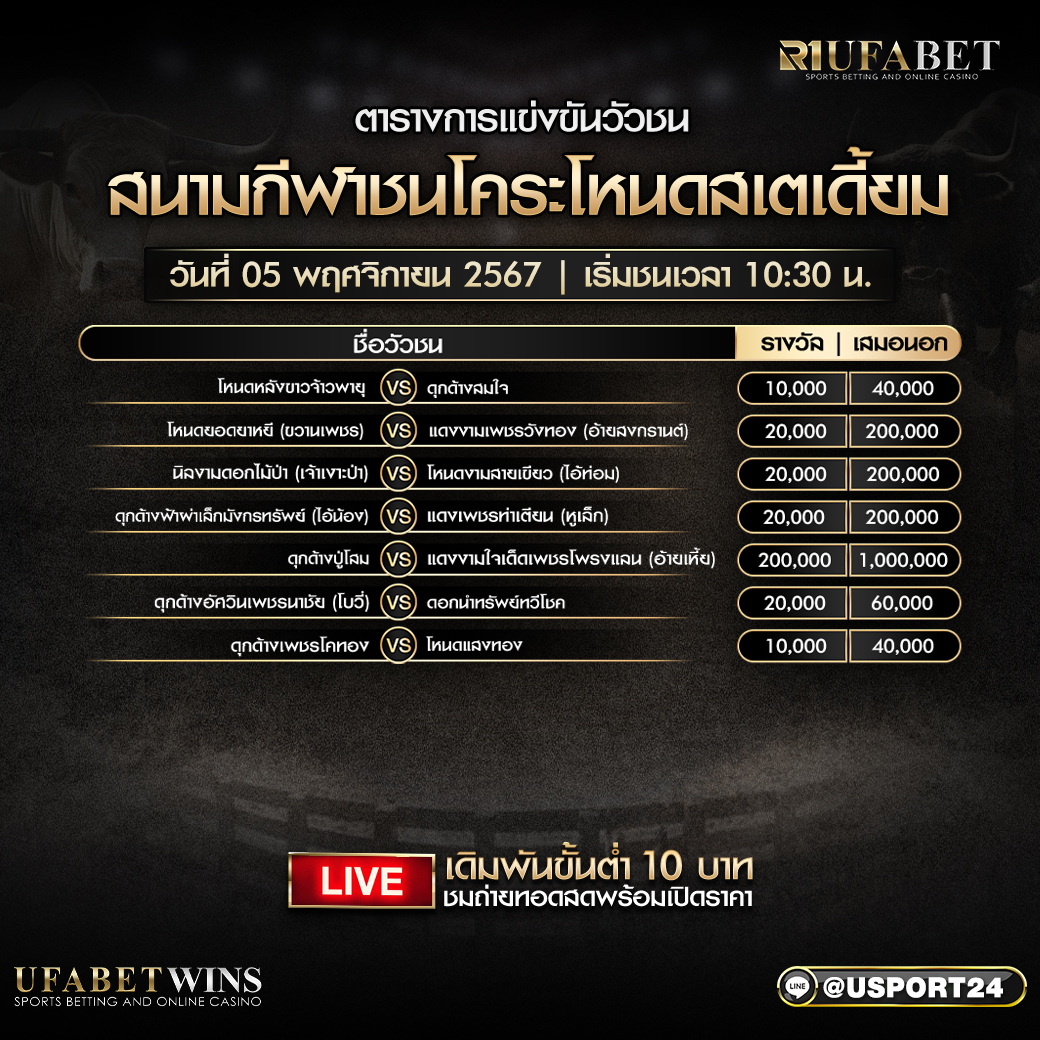 โปรแกรมวัวชน วันที่ 5 พฤศจิกายน 2567 สนามกีฬาชนโคระโหนดสเตเดี้ยม