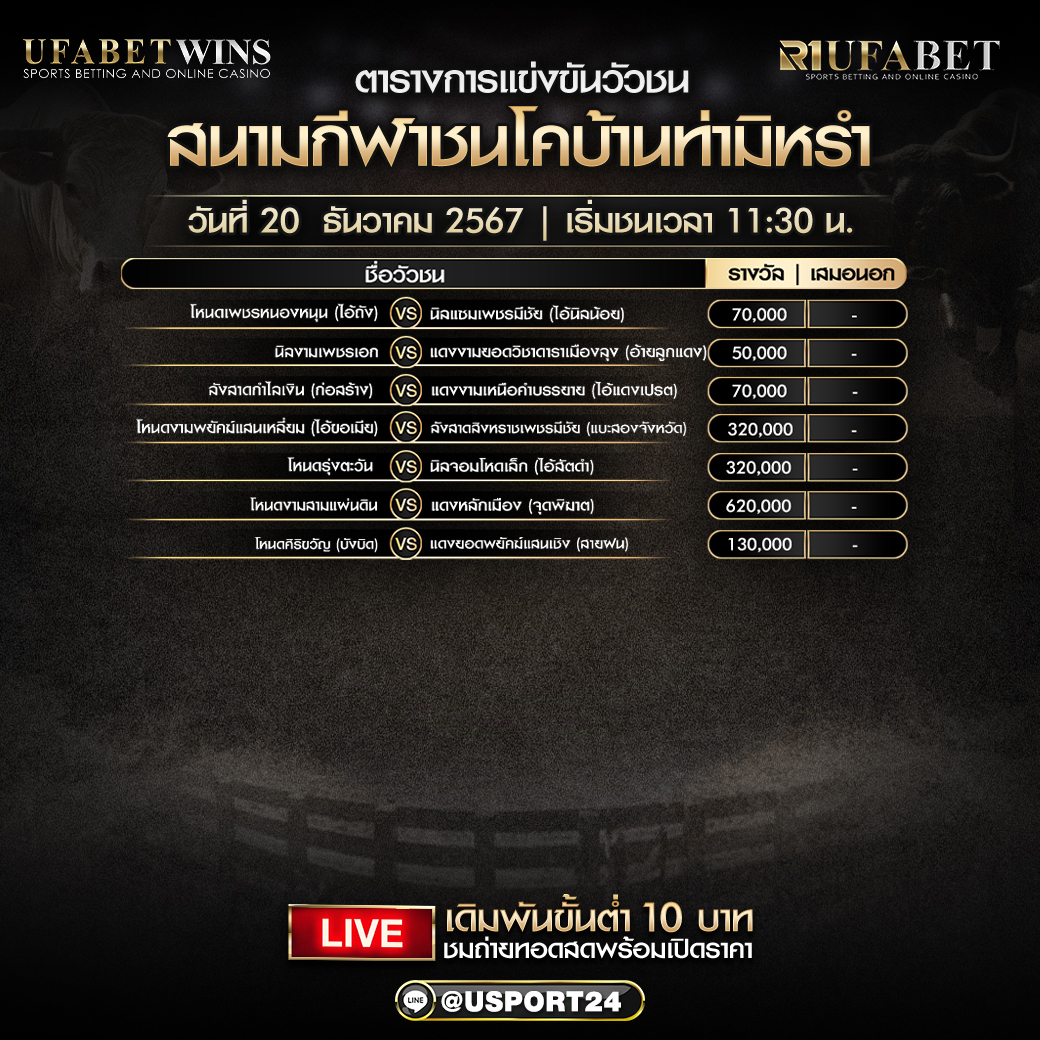 โปรแกรมวัวชน ประจำวันที่ 20 ธันวาคม 2567 สนามกีฬาชนโคบ้านท่ามิหรำ