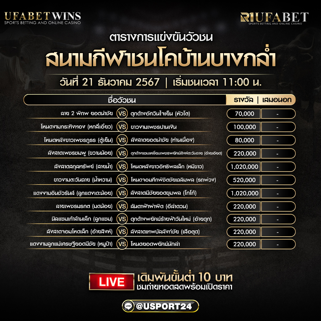 โปรแกรมวัวชน ประจำวันที่ 21 ธันวาคม 2567 สนามกีฬาชนโคบ้านบางกล่ำ