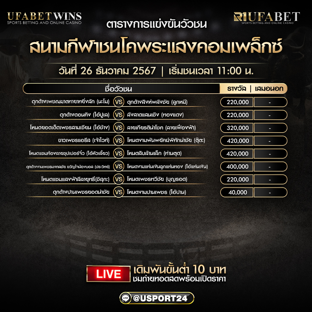 โปรแกรมวัวชน ประจำวันที่ 26 ธันวาคม 2567 สนามกีฬาชนโคพระแสงคอมเพล็กซ์