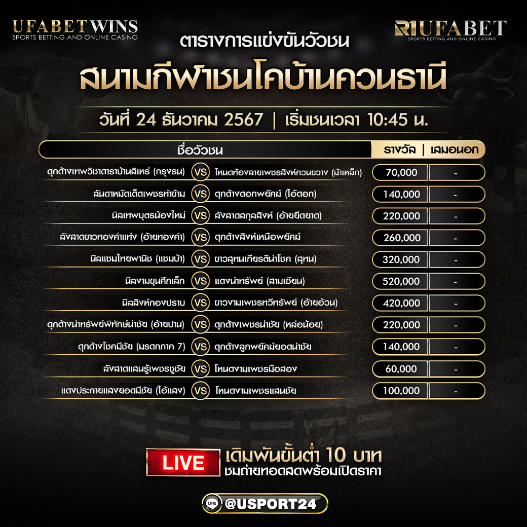 โปรแกรมวัวชน ประจำวันที่ 24 ธันวาคม 2567 สนามกีฬาชนโคบ้านควนธานี