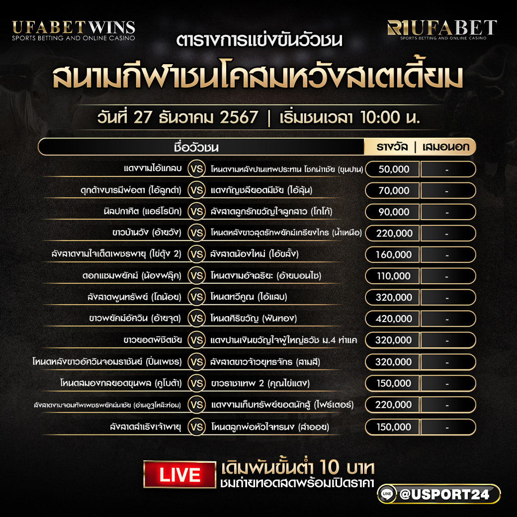 โปรแกรมวัวชน ประจำวันที่ 27 ธันวาคม 2567 สนามกีฬาชนโคสมหวังสเตเดี้ยม