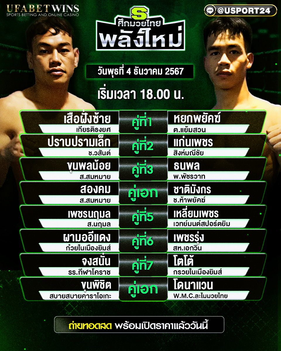 โปรแกรมมวย ประจำวันที่ 4 ธันวาคม 2567 ศึกมวยไทยพลังใหม่