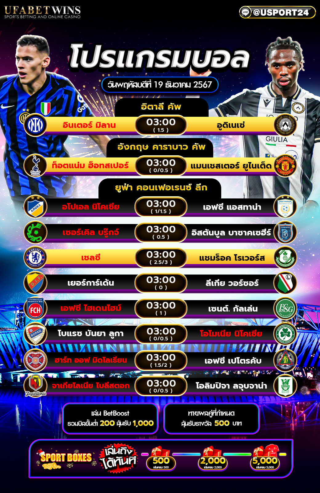 โปรแกรมฟุตบอล เเละ ทีเด็ดฟุตบอล ประจำวันที่ 19 ธันวาคม 2567