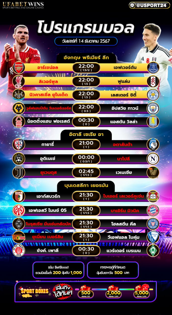 โปรแกรมฟุตบอล เเละ ทีเด็ดฟุตบอล ประจำวันที่ 14 ธันวาคม 2567