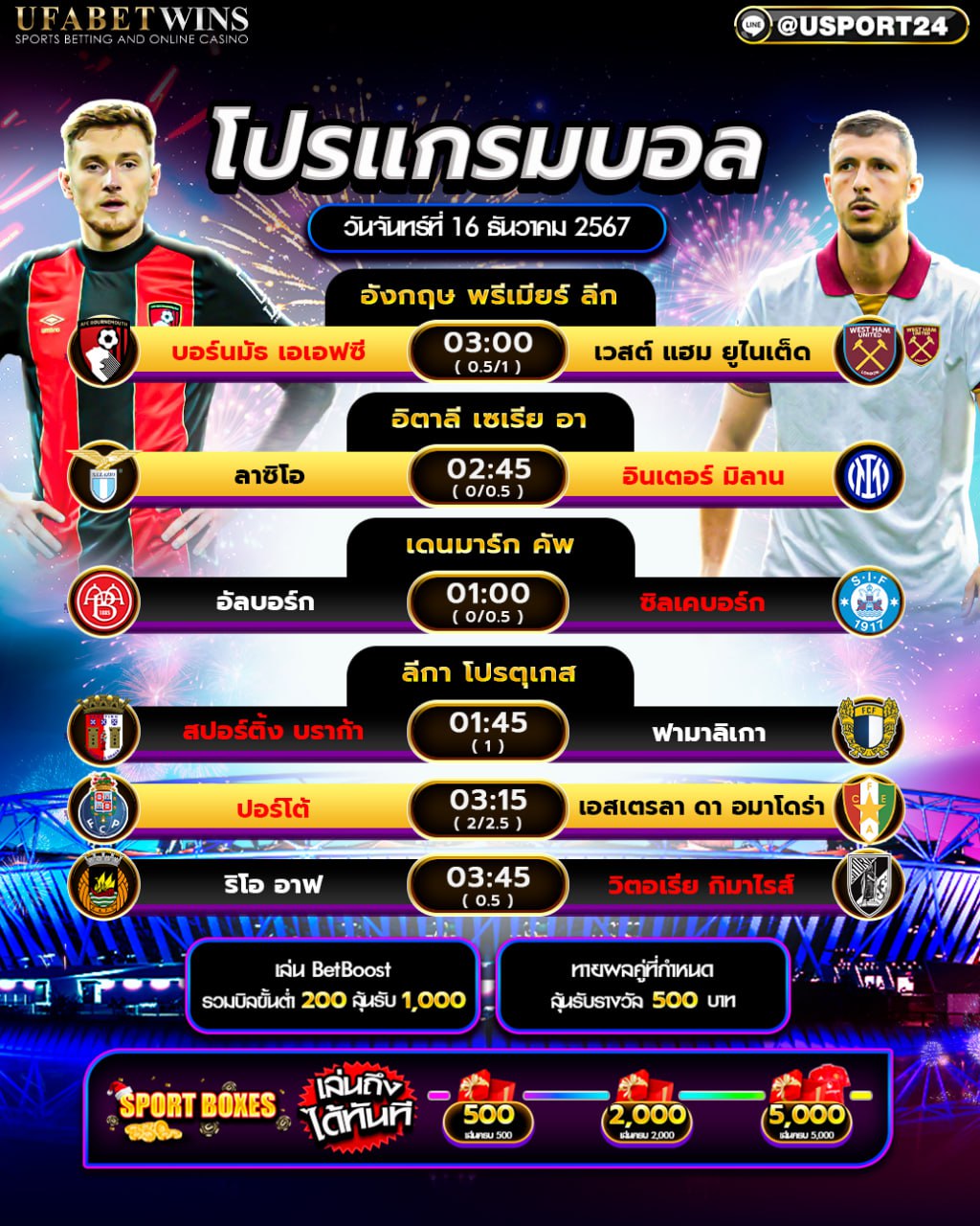 โปรแกรมฟุตบอล เเละ ทีเด็ดฟุตบอล ประจำวันที่ 16 ธันวาคม 2567