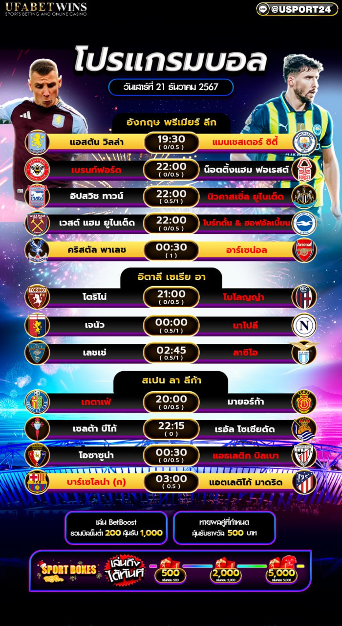 โปรแกรมบอล เเละทีเด็ดฟุตบอล ประจำวันที่ 21 ธันวาคม 2567