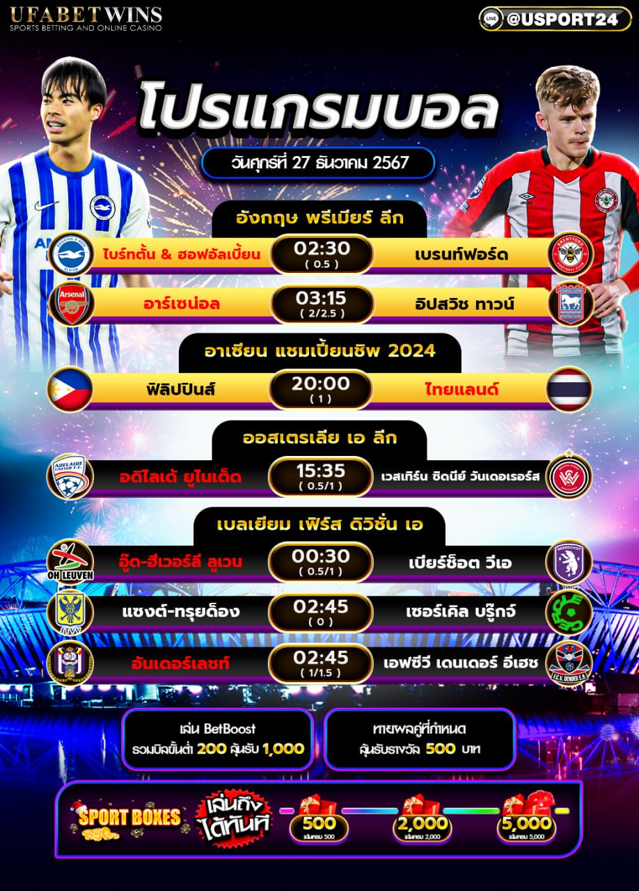 โปรแกรมบอล เเละทีเด็ดฟุตบอล ประจำวันที่ 27 ธันวาคม 2567