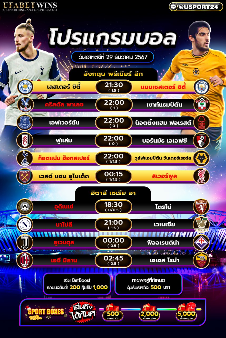 โปรแกรมบอล เเละทีเด็ดฟุตบอล ประจำวันที่ 29 ธันวาคม 2567