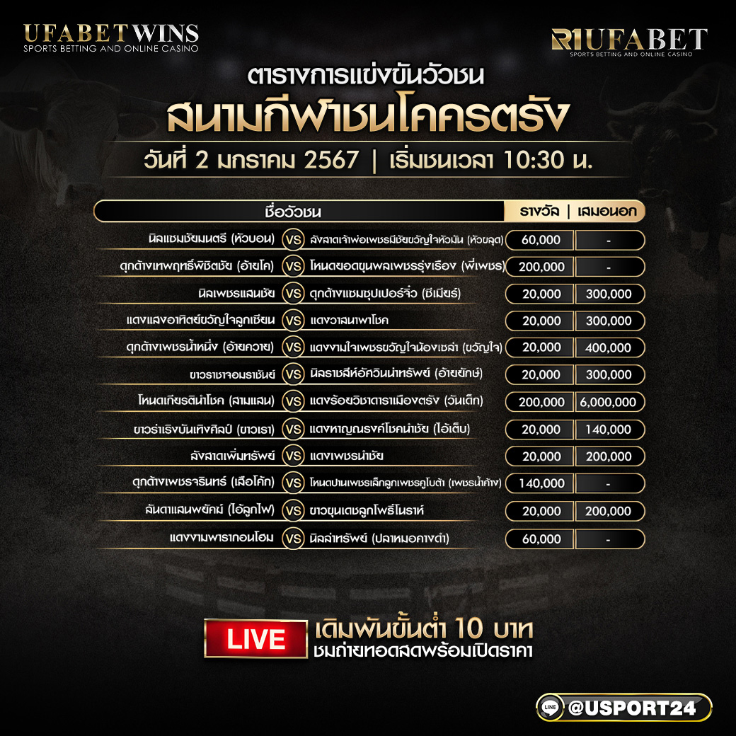 โปรแกรมวัวชน ประจำวันที่ 2 มกราคม 2568 สนามกีฬาชนโคครตรัง
