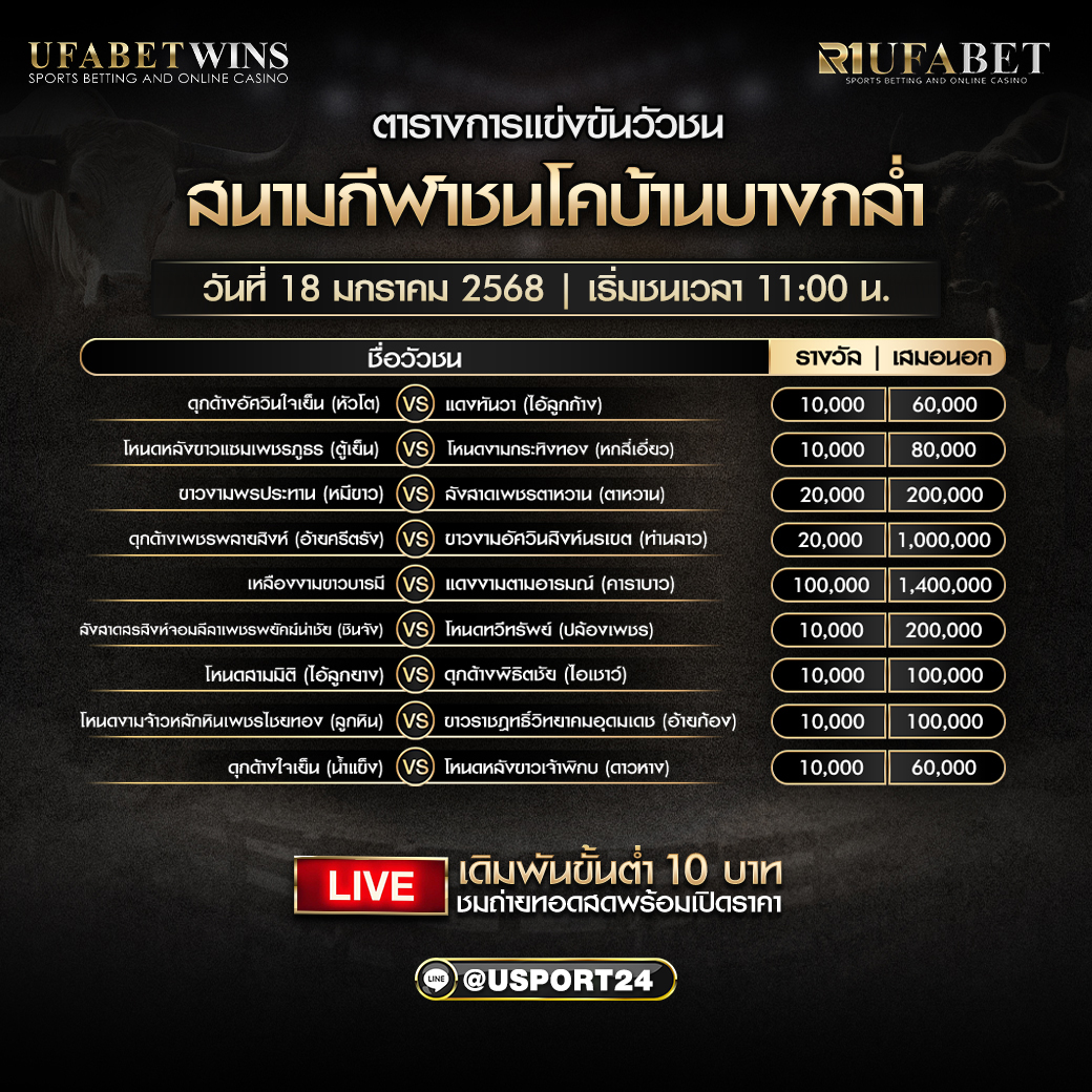 โปรแกรมวัวชน ประจำวันที่ 18 มกราคม 2568 สนามกีฬาชนโคบ้านบางกล่ำ