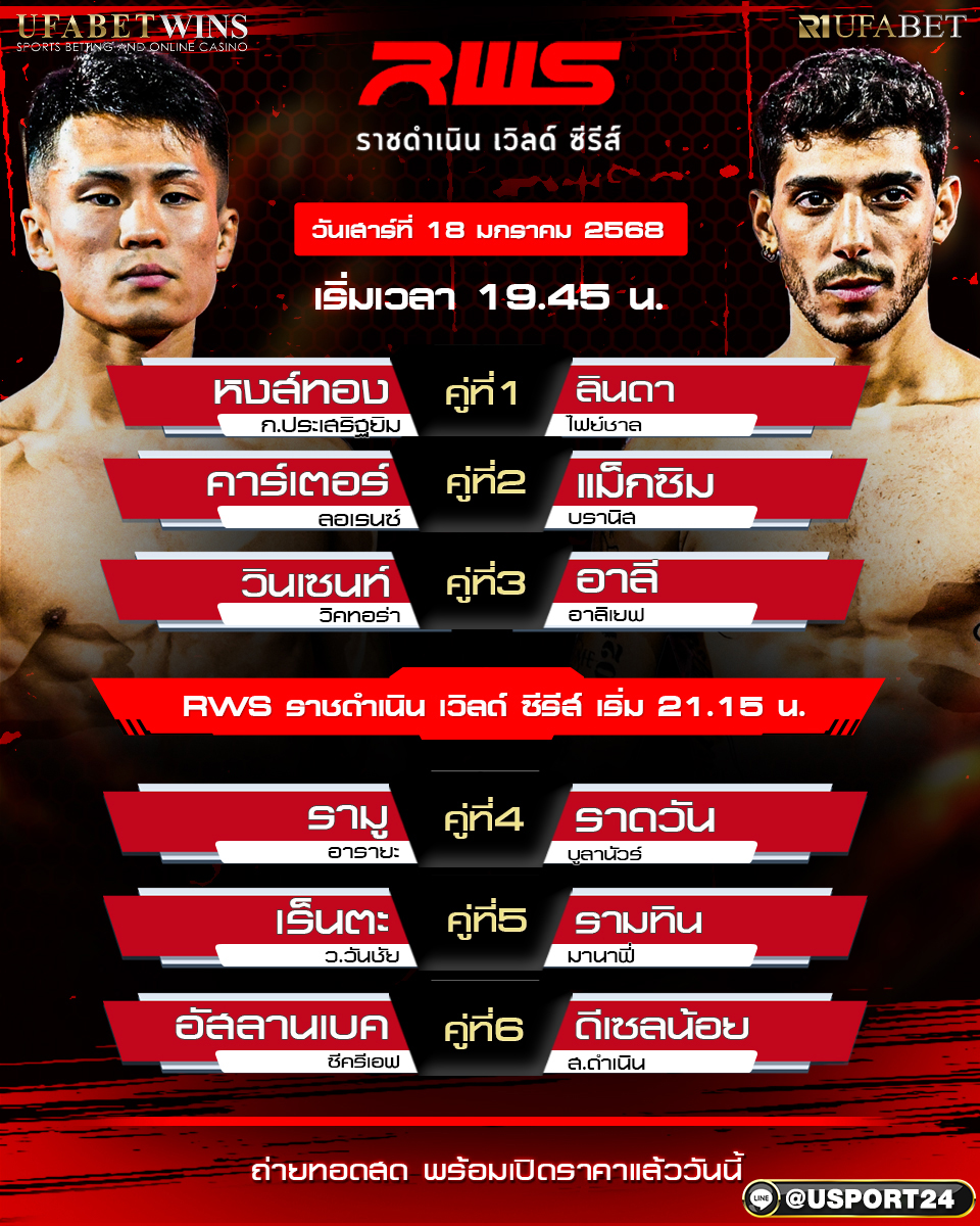 โปรแกรมมวย ประจำวันที่ 18 มกราคม 2568 ศึกRWS ราชดำเนิน