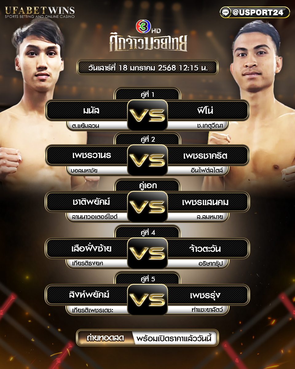 โปรแกรมมวย ประจำวันที่ 18 มกราคม 2568 ศึกจ้าวมวยไทย