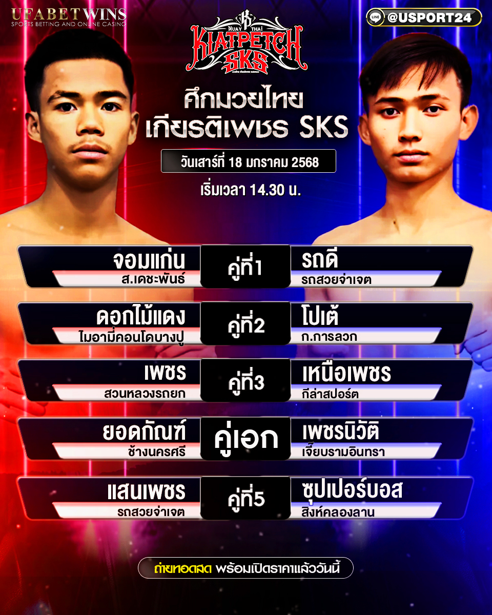โปรแกรมมวย ประจำวันที่ 18 มกราคม 2568 ศึกมวยไทยเกียรติเพชร